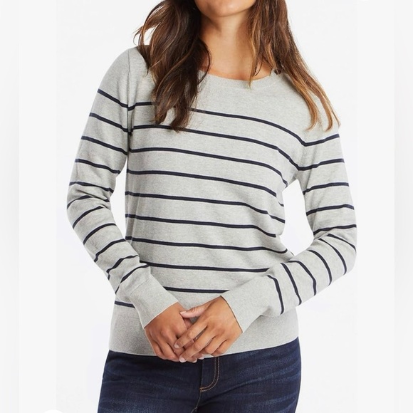 Jacob Sweaters - JACOB Grey/Black Stripe Knit Sweater -Boatneck-Button at neck detail -SzM-EUC🍂​